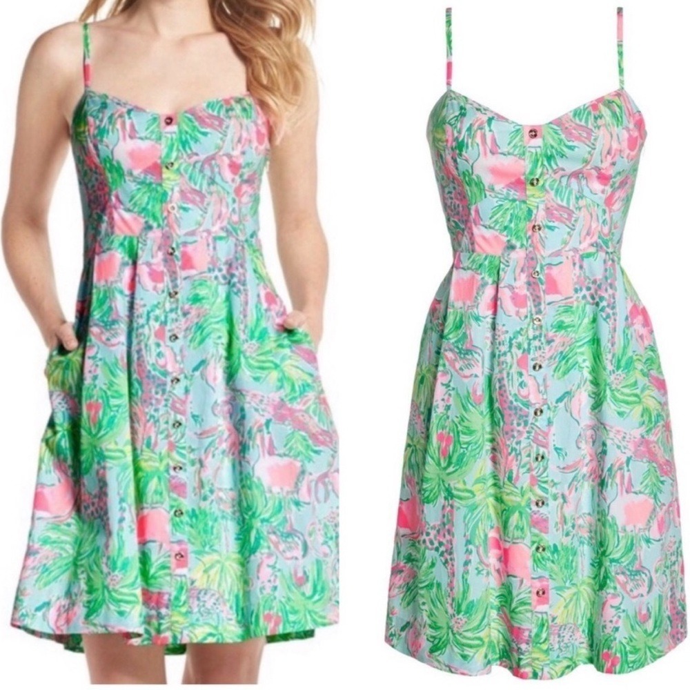 Lilly Pulitzer Easton Seasalt Blue Flamingo Palm Swing Dress Size 4 Resortwear